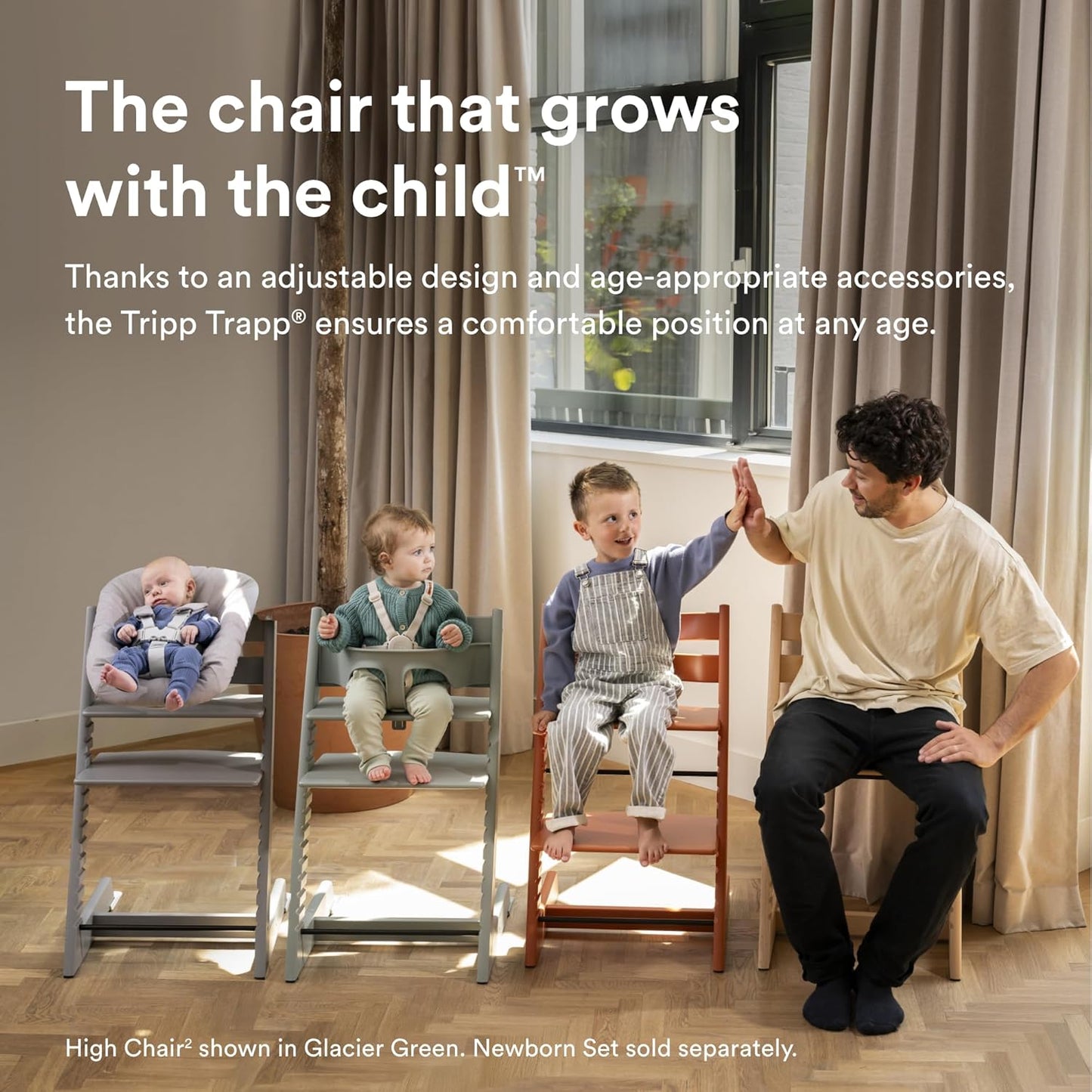 Stokke Tripp Trapp High Chair 2, Natural - Includes Chair + Baby Set with Removable Harness for Children 6-36 Months - Adjustable, Ergonomic & Easy to Clean