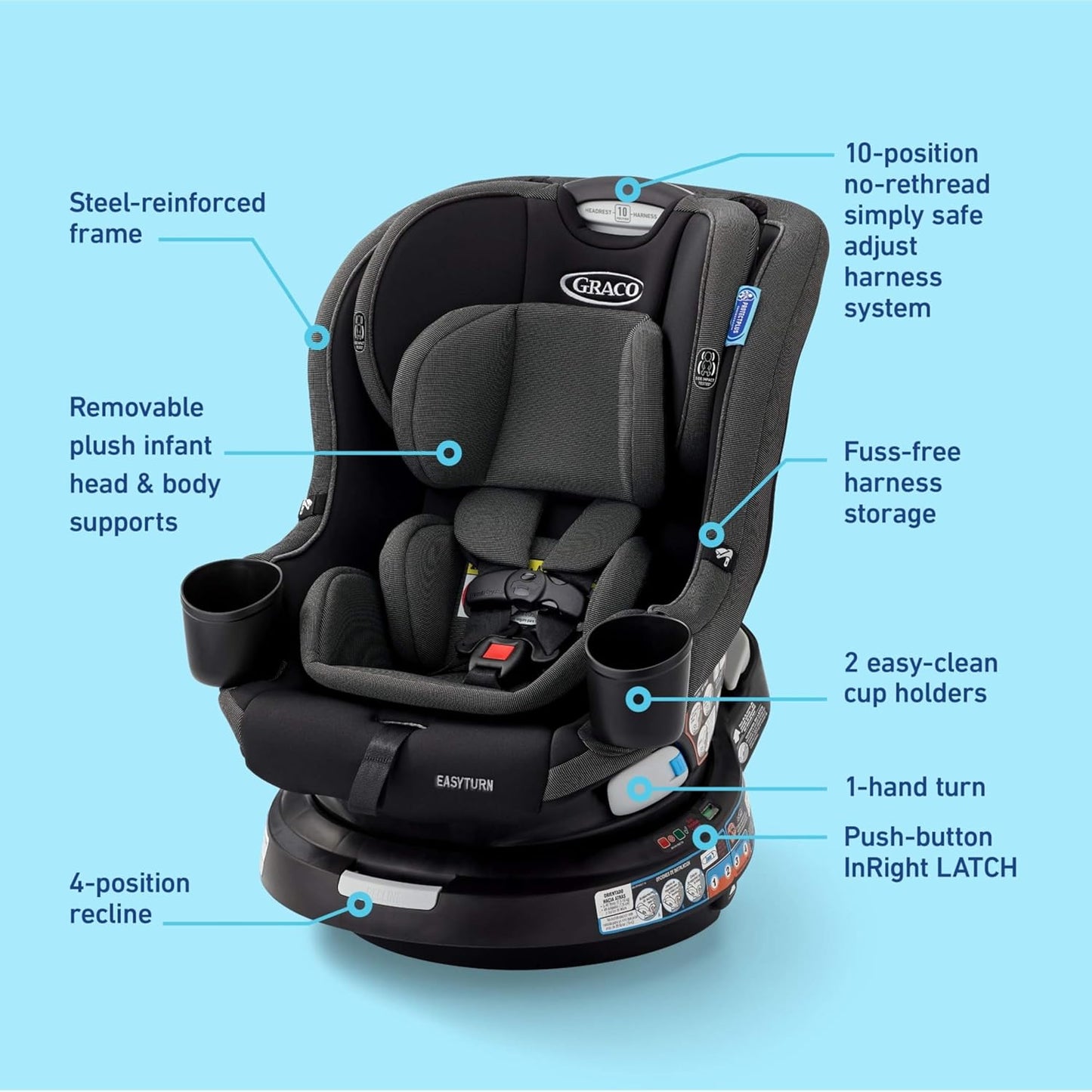 Graco Easyturn 360 2-In-1 Convertible Car Seat, 360 Degree Rotating Infant to Toddler Rotating Car Seat, 2 Modes Forward and Rear Facing, Slim Design, Cyran