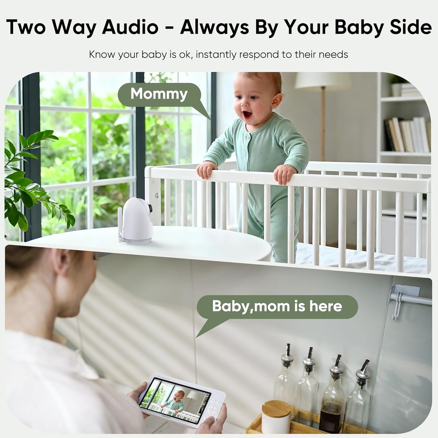 Bonoch Upgraded 1080P Baby Monitor with 2 Cameras, 7" Megaview Split Screen Baby Monitor No Wifi, Dual Video Monitor with Camera and Audio, 6000Mah, White Noise, 2 Way Audio, PTZ, Night Vision