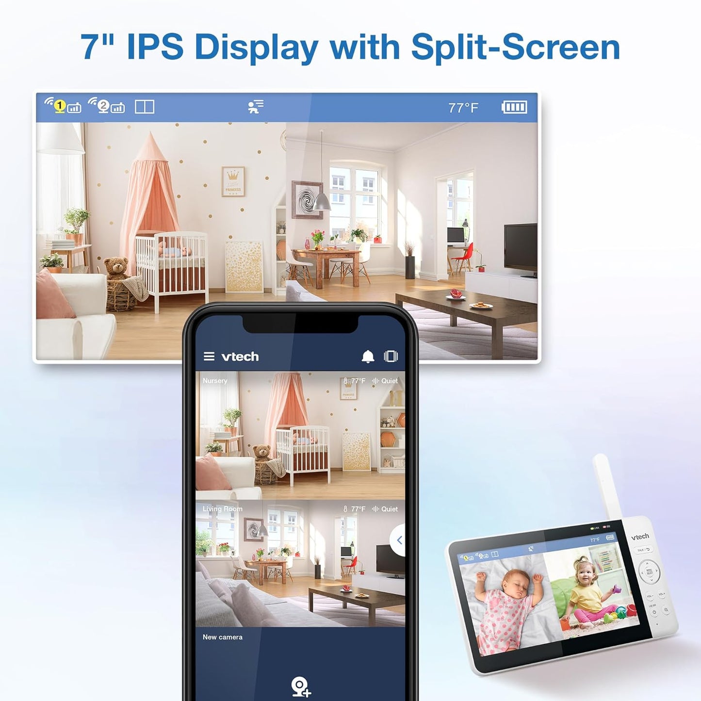 Vtech Smart Wifi Baby Monitor with 2 Cameras, 1080P FHD Video, Free App with Motion Videos, Sound/Motion Alerts, 7" IPS Split‑Screen Display, Pan‑Tilt‑Zoom, Dual‑Room Monitoring – Smart HQ Max Twin