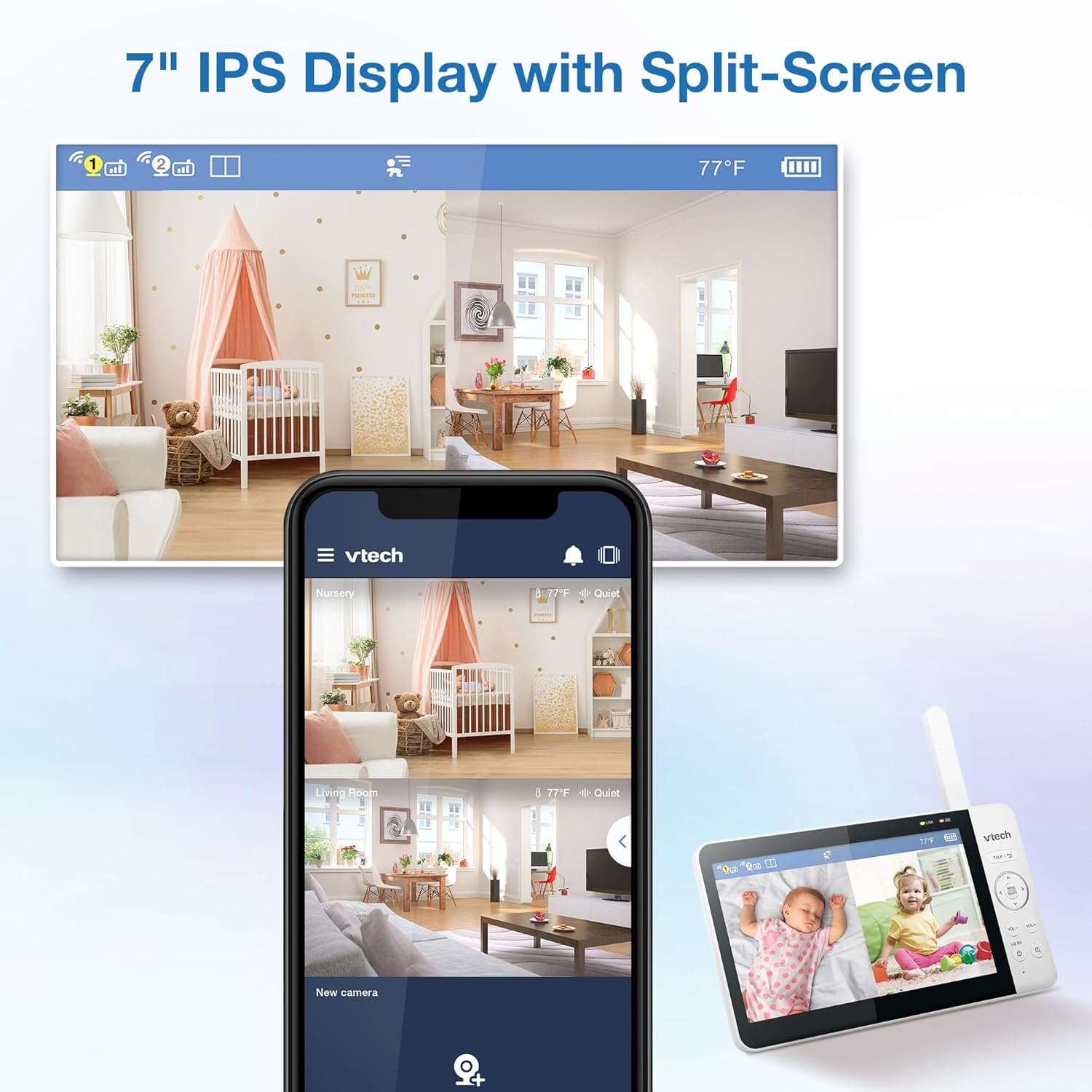 Vtech Smart Wifi Baby Monitor with 2 Cameras, 1080P FHD Video, Free App with Motion Videos, Sound/Motion Alerts, 7" IPS Split‑Screen Display, Pan‑Tilt‑Zoom, Dual‑Room Monitoring – Smart HQ Max Twin