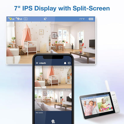 Vtech Smart Wifi Baby Monitor with 2 Cameras, 1080P FHD Video, Free App with Motion Videos, Sound/Motion Alerts, 7" IPS Split‑Screen Display, Pan‑Tilt‑Zoom, Dual‑Room Monitoring – Smart HQ Max Twin
