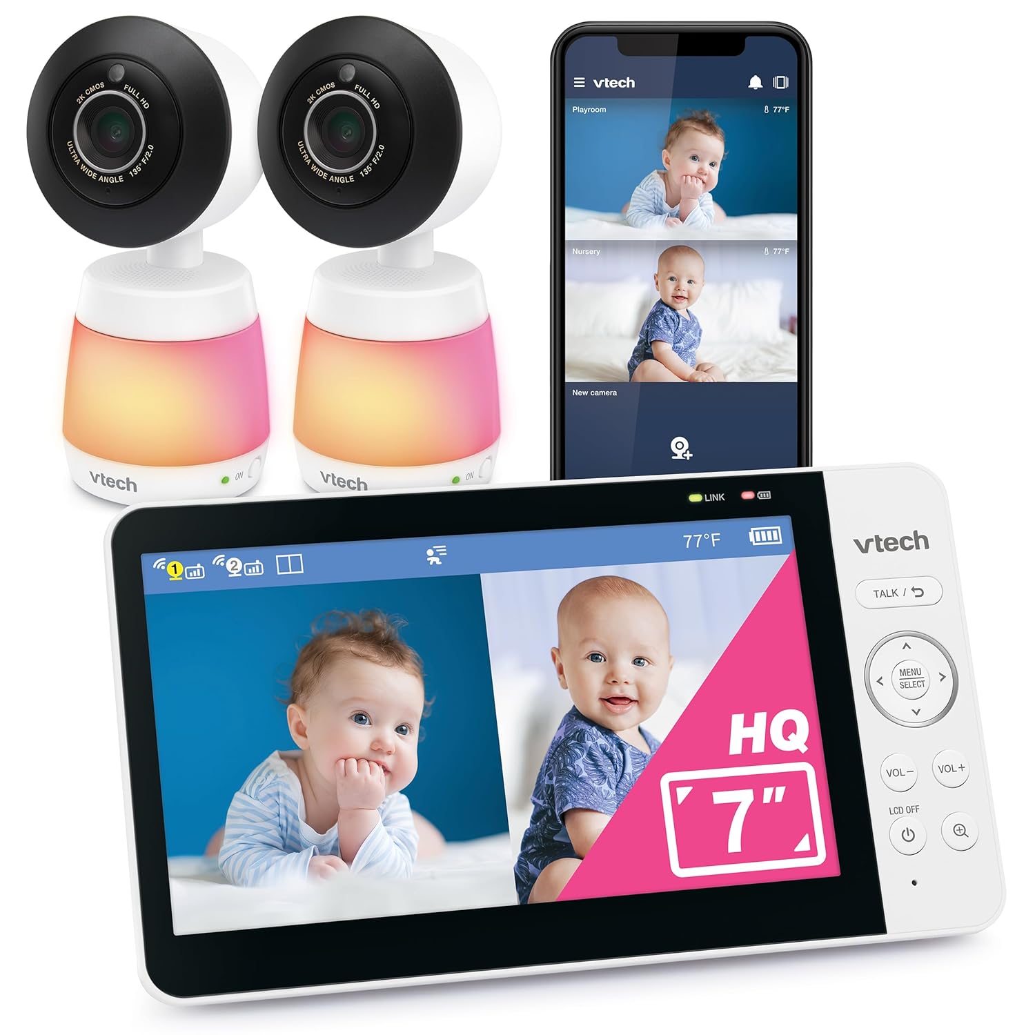 Vtech Smart Wifi Baby Monitor with 2 Cameras, 1080P FHD Video, Free App with Motion Videos, Sound/Motion Alerts, 7" IPS Split‑Screen Display, Pan‑Tilt‑Zoom, Dual‑Room Monitoring – Smart HQ Max Twin