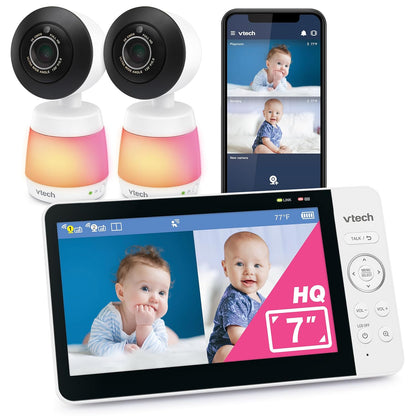 Vtech Smart Wifi Baby Monitor with 2 Cameras, 1080P FHD Video, Free App with Motion Videos, Sound/Motion Alerts, 7" IPS Split‑Screen Display, Pan‑Tilt‑Zoom, Dual‑Room Monitoring – Smart HQ Max Twin