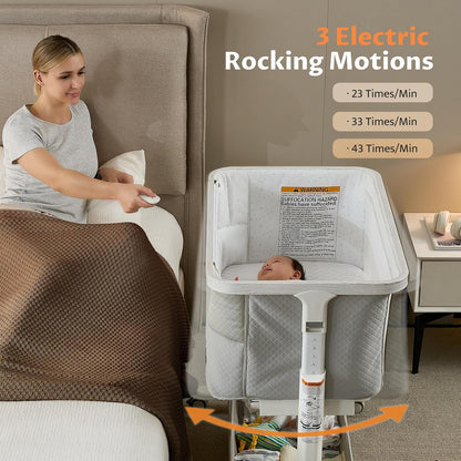 Vavasoo Electric Rocking Bassinet for Baby 3 Speeds Automatic Bedside Sleeper Auto Rolling Newborn Cradle Rocks Itself 5 Height Adjustable with Music, Wheels, Storage, Grey & White