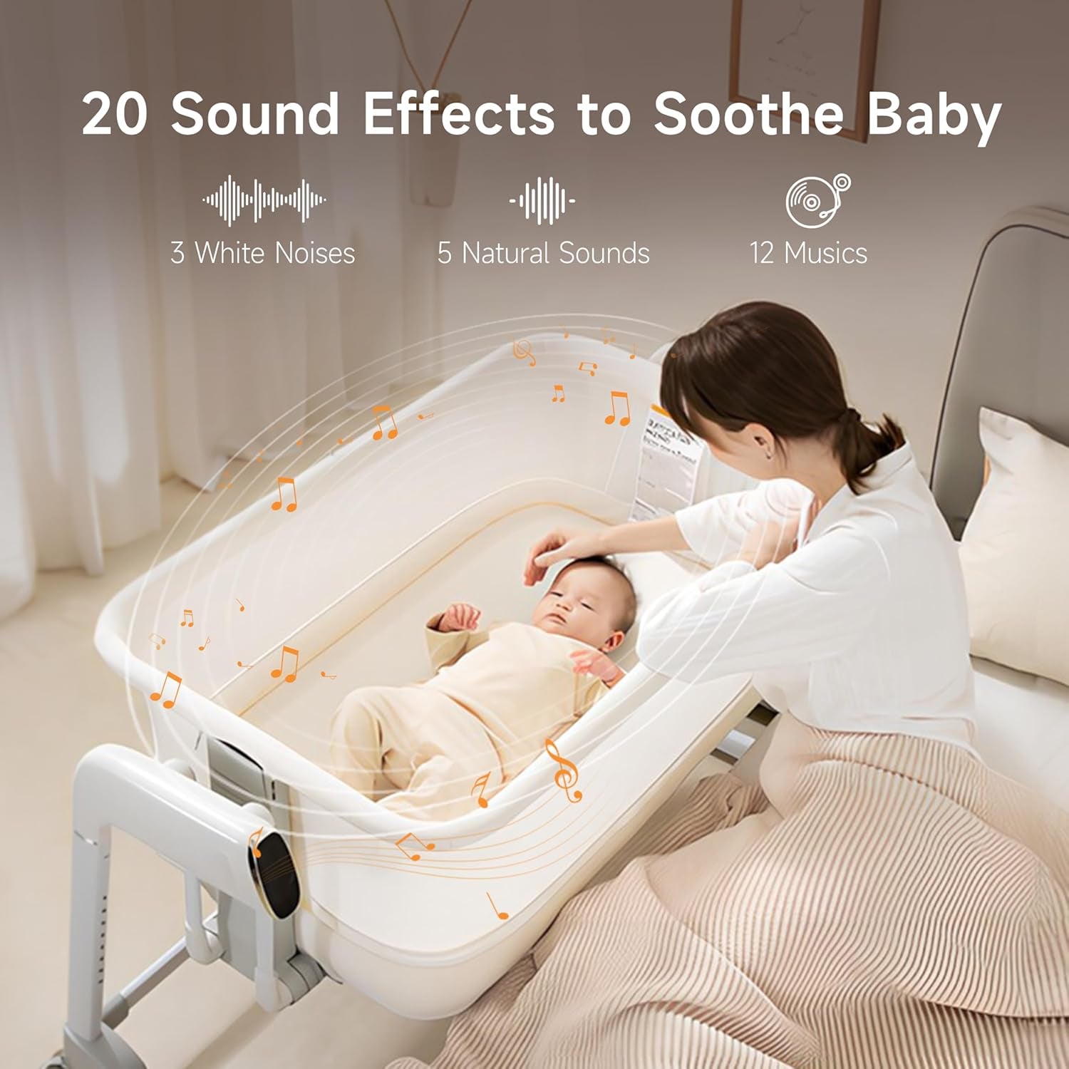 Maydolly Baby Bassinet, Smart Crib, Automatic Cry Detection and Response, Rocking Bassinet for Baby, 7 Height Adjustable with Mattress for Newborns (White) | Cry Detection