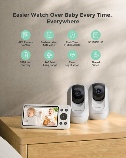 Momcozy BM04 Smart Wifi Baby Monitor with 2 Cameras, 5" 1080P Split Screen Video Baby Monitor with Camera and Audio, Motion Detection, Electric Fence, Clear Night Vision, 2-Way Audio, 5000Mah Battery