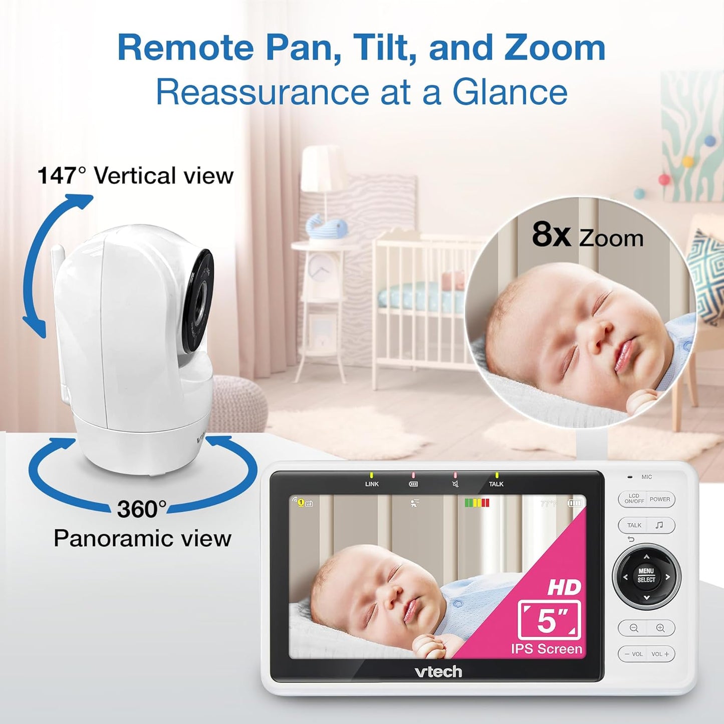 Vtech 2-Cameras Smart Wifi Baby Monitor with 1080P FHD Camera and 5" HD IPS Screen, Free App with Motion Video, Sound/Motion Detection and Notifications, Split-Screen, Pan-Tilt-Zoom: VM901-2HD