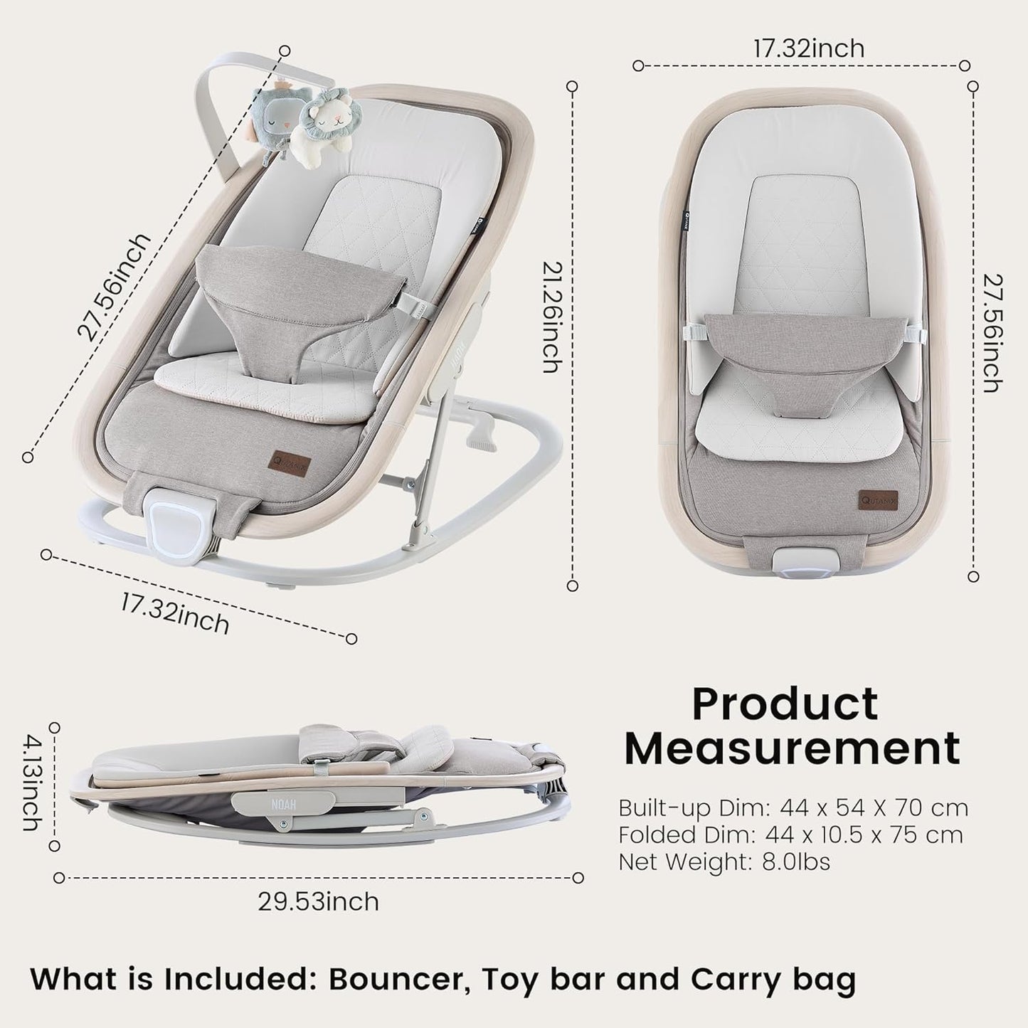 Qutanix 2-In-1 Baby Bouncer & Rocker,Portable Baby Bouncer Seat for Babies 0-9 Months, Baby Rocking Chair with 3 Reclining Positions,Wood Accents,Soft Newborn Insert - Beige