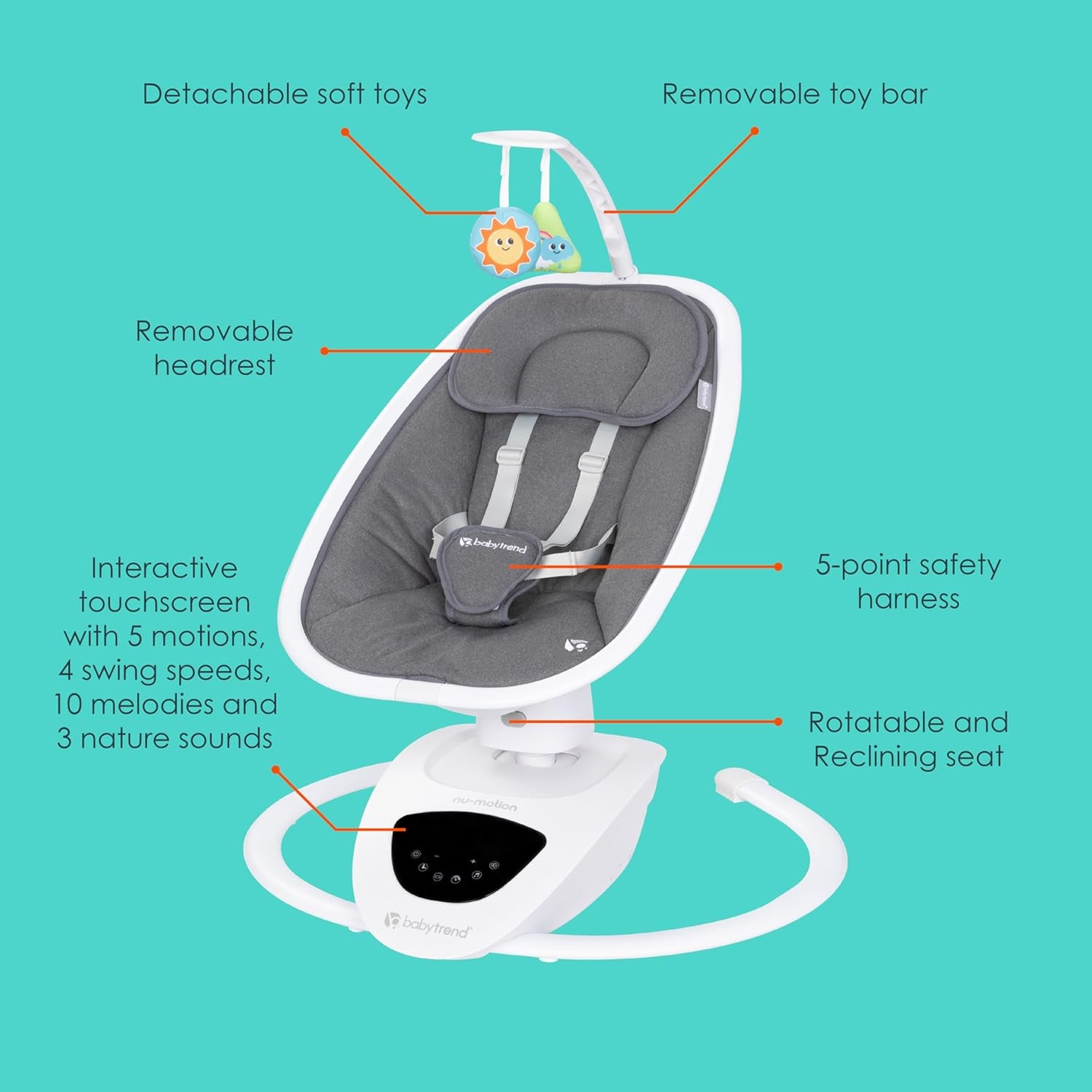 Baby Trend Numotion Infinity Swing – 5 Motion Modes, Touchscreen Control, Remote, Multi‑Position Recline & Hanging Toys – Dash Grey