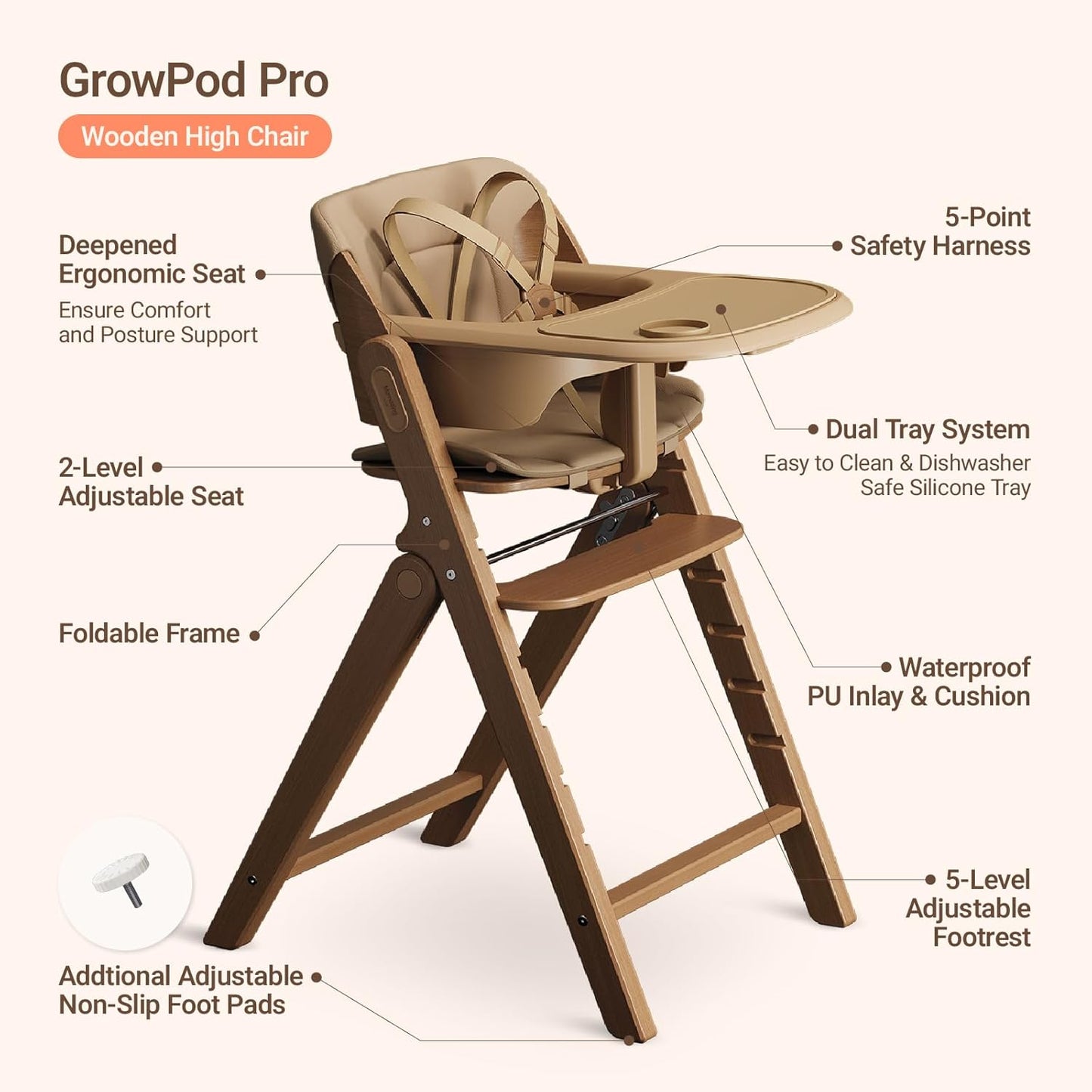 Mamazing Growpod Pro Wooden Baby High Chair for 6 Months to 300Lbs, Easy to Clean with Tray, Compact Foldable Highchair for Kitchen & Dining Room, with 5-Point Safety Harnesses and Guard Bar