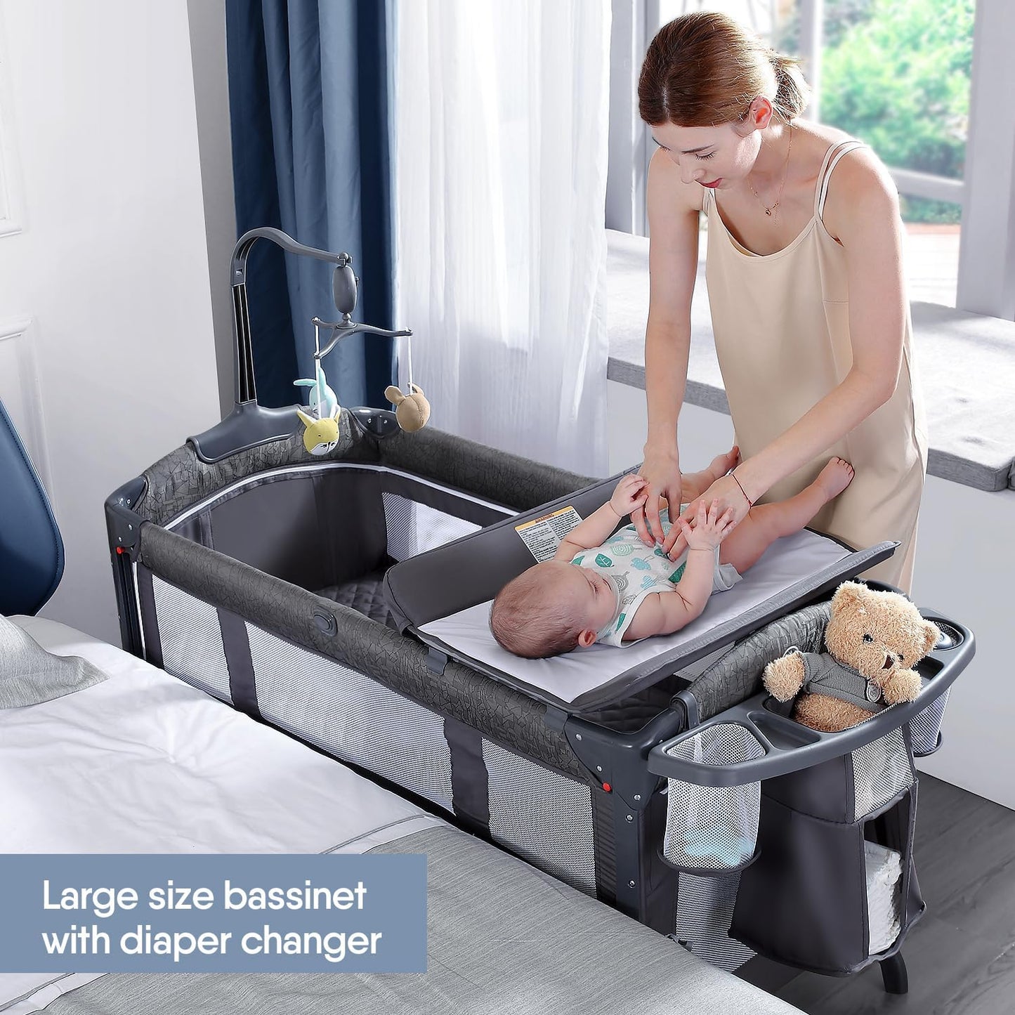 Babybond Baby Bassinet Bedside Crib, Pack and Play with Sheet, Diaper Changing Table and Music Mobile from Newborn to Toddles, Portable Large Playard