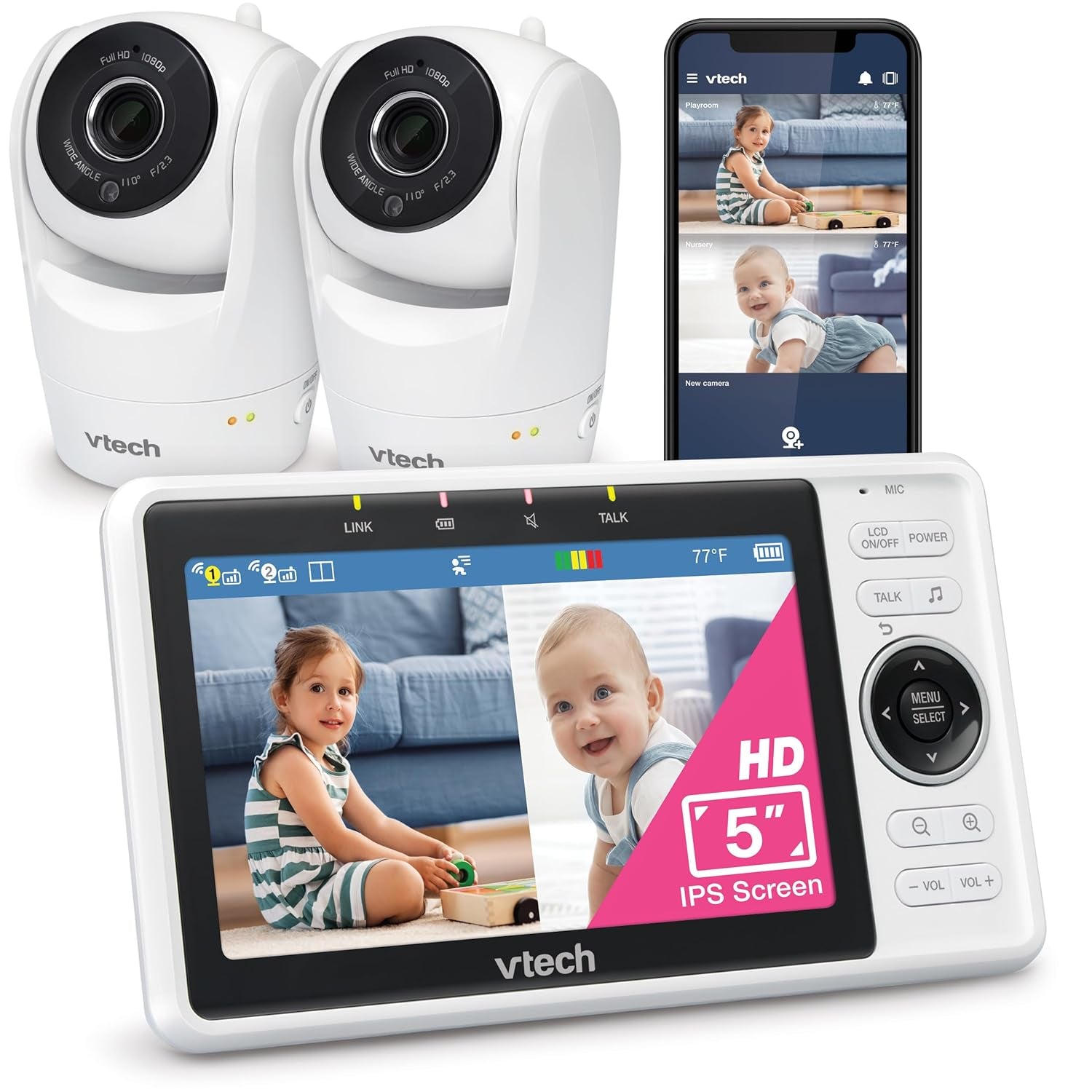 Vtech 2-Cameras Smart Wifi Baby Monitor with 1080P FHD Camera and 5" HD IPS Screen, Free App with Motion Video, Sound/Motion Detection and Notifications, Split-Screen, Pan-Tilt-Zoom: VM901-2HD