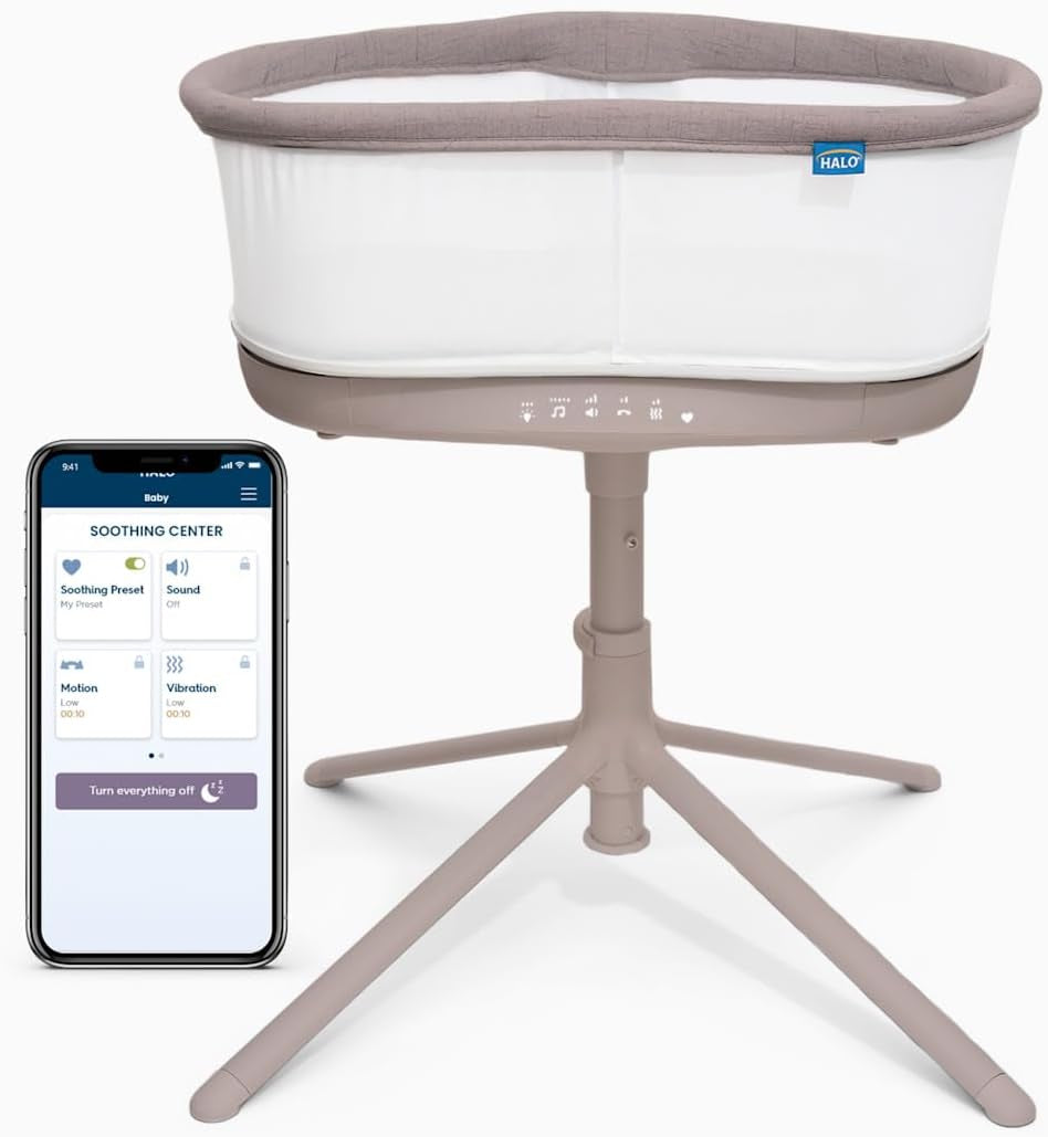 HALO Bassinest Connected Swivel Sleeper 3.0 – Smart Bassinet with Autosoothe™, 360° Swivel, Cry Detection, Rocking, Vibration & Soothing Sounds, Easy Lowering Wall, Warm Grey