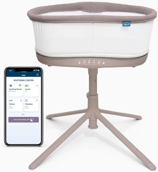 HALO Bassinest Connected Swivel Sleeper 3.0 – Smart Bassinet with Autosoothe™, 360° Swivel, Cry Detection, Rocking, Vibration & Soothing Sounds, Easy Lowering Wall, Warm Grey