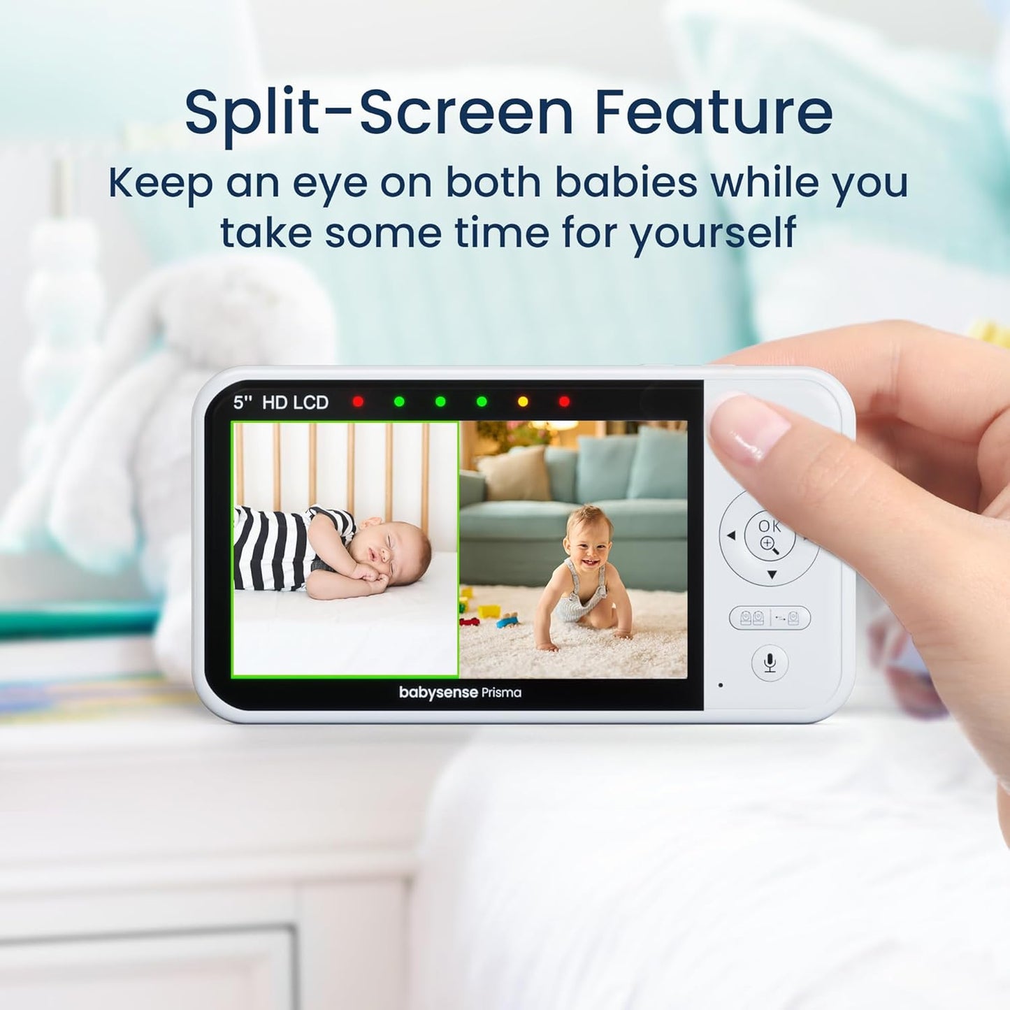 Babysense Prisma Baby Monitor with Camera and Audio, 5” HD Video Baby Monitor with 2 Cameras, 6-Color Night Light, Split Screen, Sound Machine with White Noise & Lullabies, Secure No Wifi