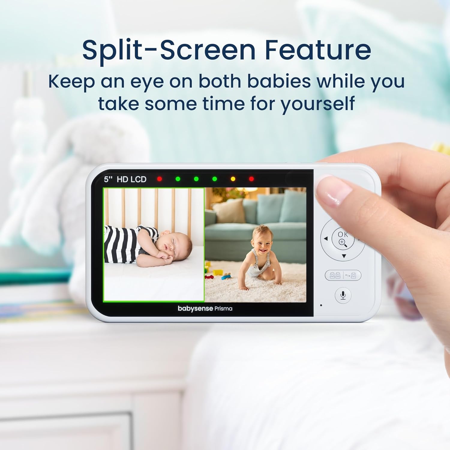 Babysense Prisma Baby Monitor with Camera and Audio, 5” HD Video Baby Monitor with 2 Cameras, 6-Color Night Light, Split Screen, Sound Machine with White Noise & Lullabies, Secure No Wifi