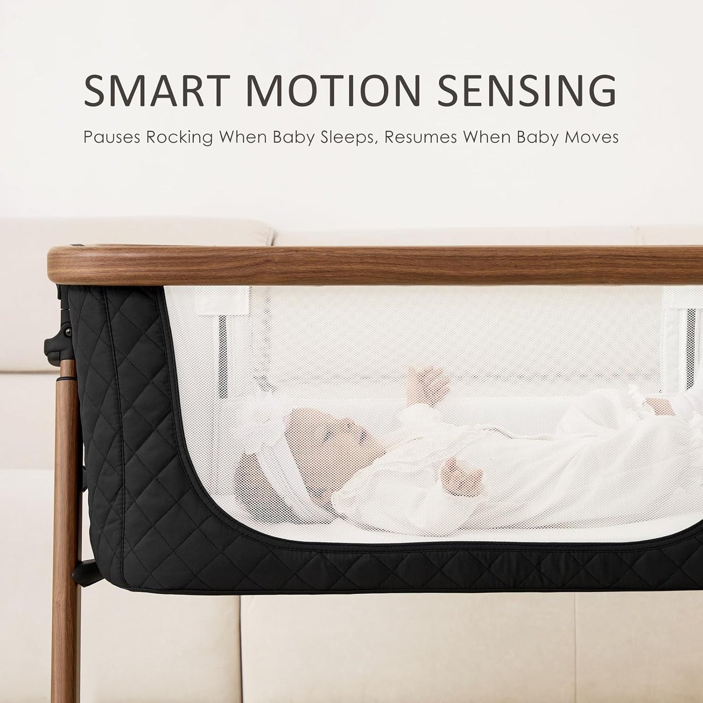 ANGELBLISS Electric Baby Bassinet Bedside Sleeper with Auto Rocking, Remote/Touch Control, 3 Timer Modes, 12 Sounds, 6 Heights, Storage & Wheels (Black) | Breathable Mesh