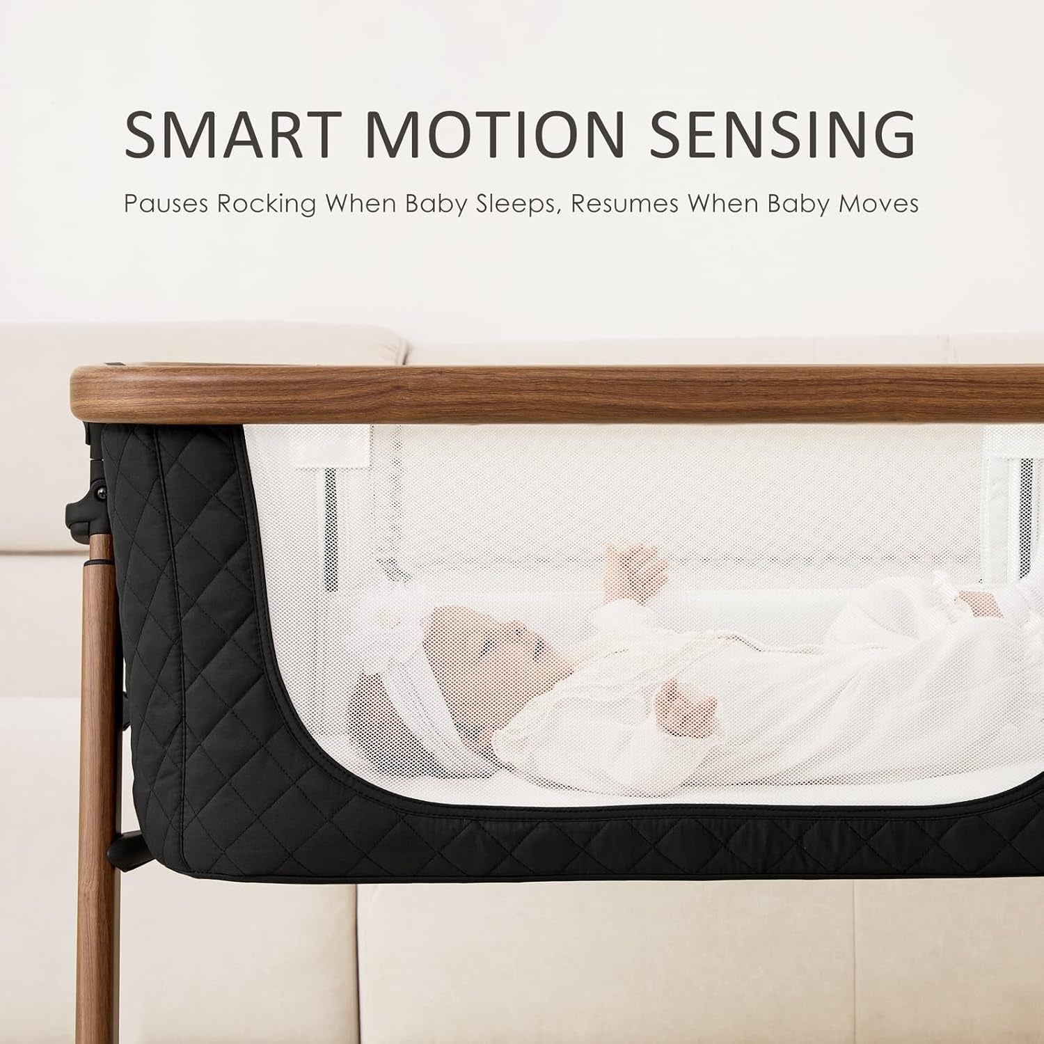 ANGELBLISS Electric Baby Bassinet Bedside Sleeper with Auto Rocking, Remote/Touch Control, 3 Timer Modes, 12 Sounds, 6 Heights, Storage & Wheels (Black) | Breathable Mesh