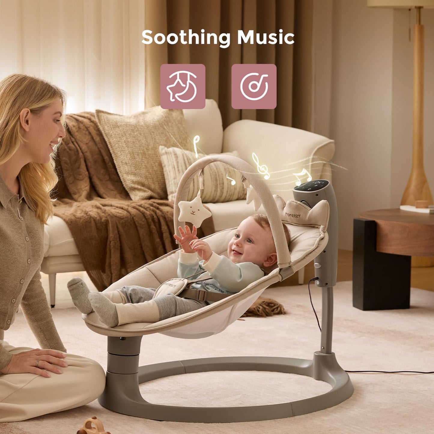 Momcozy 2-In-1 Electric Baby Swing, Dual-Arm Support System & Parent-Inspired Motions, Convertible to Toddler Seat up to 66 Lbs, Adjustable Height, Lightweight, Khaki