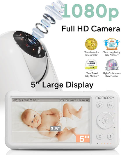 Momcozy Baby Monitor with 2 Cameras 5’’ 1080P Split Screen Video Baby Monitor with Camera and Audio No Wifi for Baby Safety 5000Mah Battery Infrared Night Vision 2-Way Audio 960Ft Range Ideal Gift