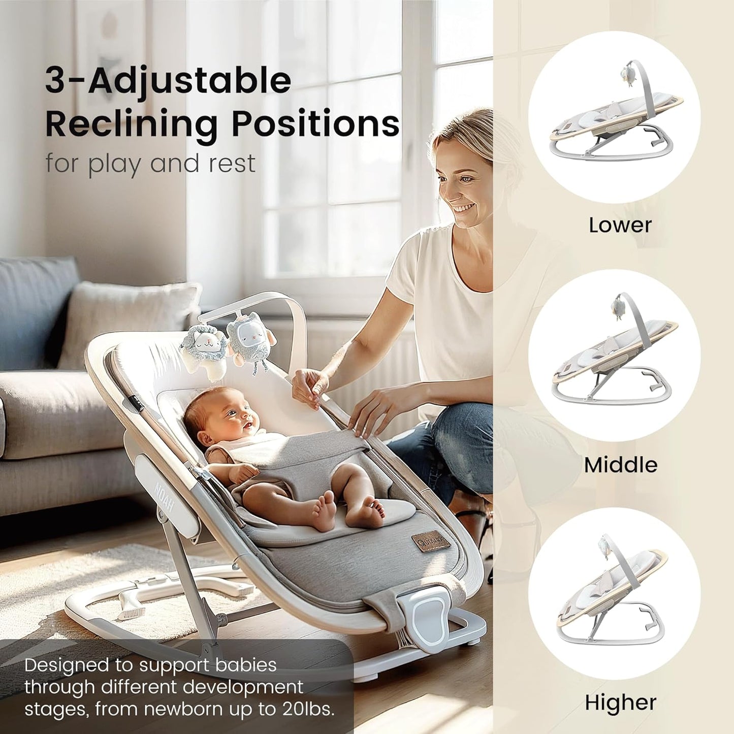 Qutanix 2-In-1 Baby Bouncer & Rocker,Portable Baby Bouncer Seat for Babies 0-9 Months, Baby Rocking Chair with 3 Reclining Positions,Wood Accents,Soft Newborn Insert - Beige