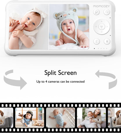 Momcozy Baby Monitor with 2 Cameras 5’’ 1080P Split Screen Video Baby Monitor with Camera and Audio No Wifi for Baby Safety 5000Mah Battery Infrared Night Vision 2-Way Audio 960Ft Range Ideal Gift