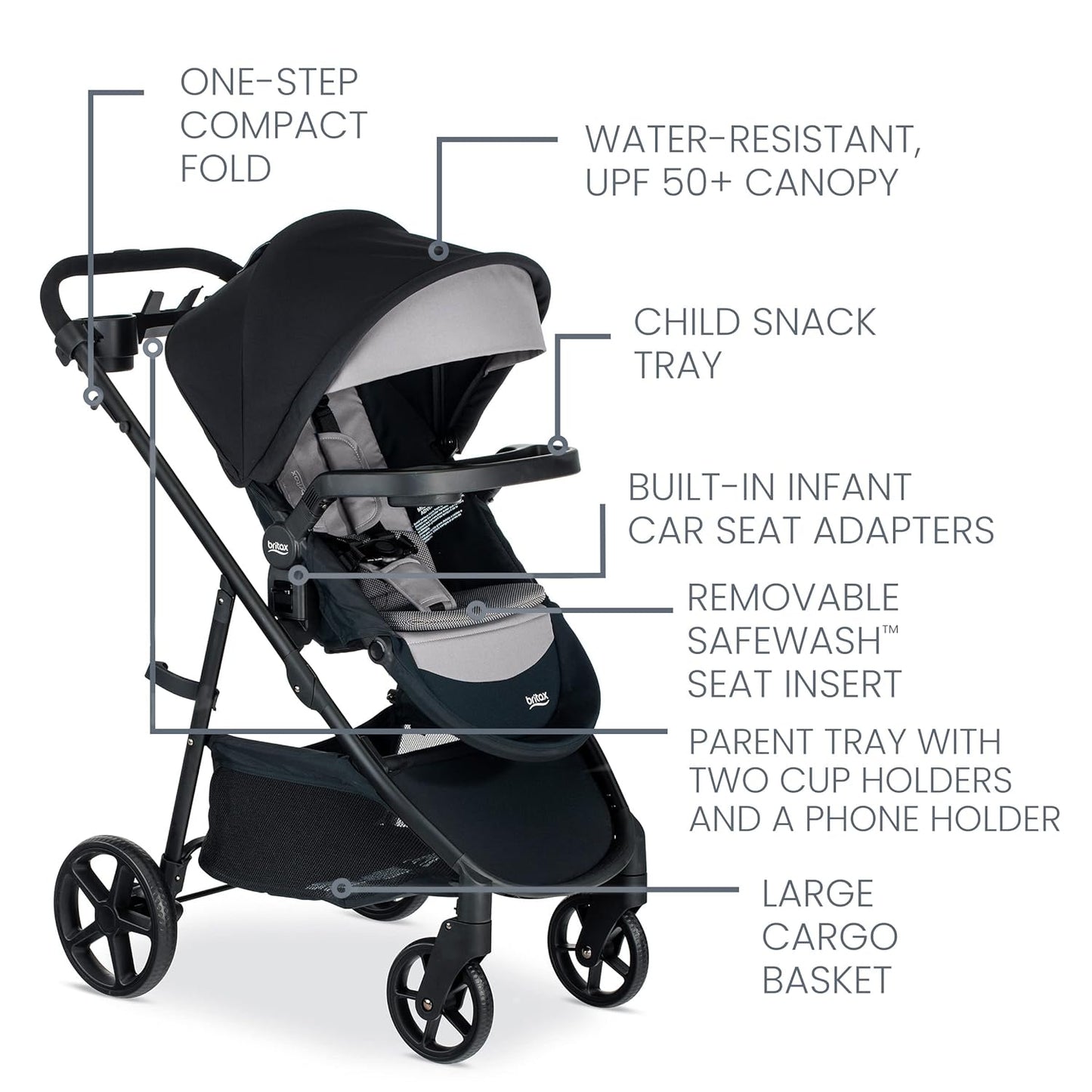 Britax Willow Brook S+ Baby Travel System, Infant Car Seat and Stroller Combo with Alpine Base, Clicktight Technology, Safewash Insert and Cover, 1 Count, Graphite Onyx