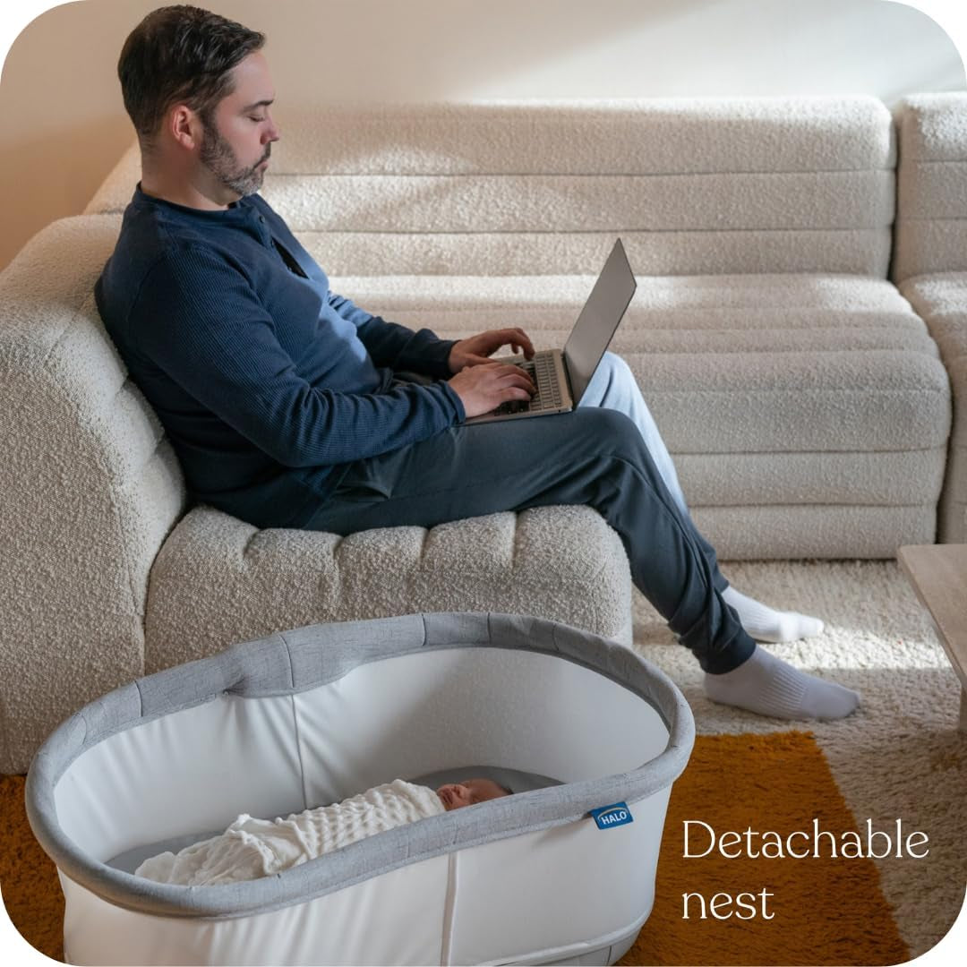 HALO Bassinest Connected Swivel Sleeper 3.0 – Smart Bassinet with Autosoothe™, 360° Swivel, Cry Detection, Rocking, Vibration & Soothing Sounds, Easy Lowering Wall for Postpartum Recovery