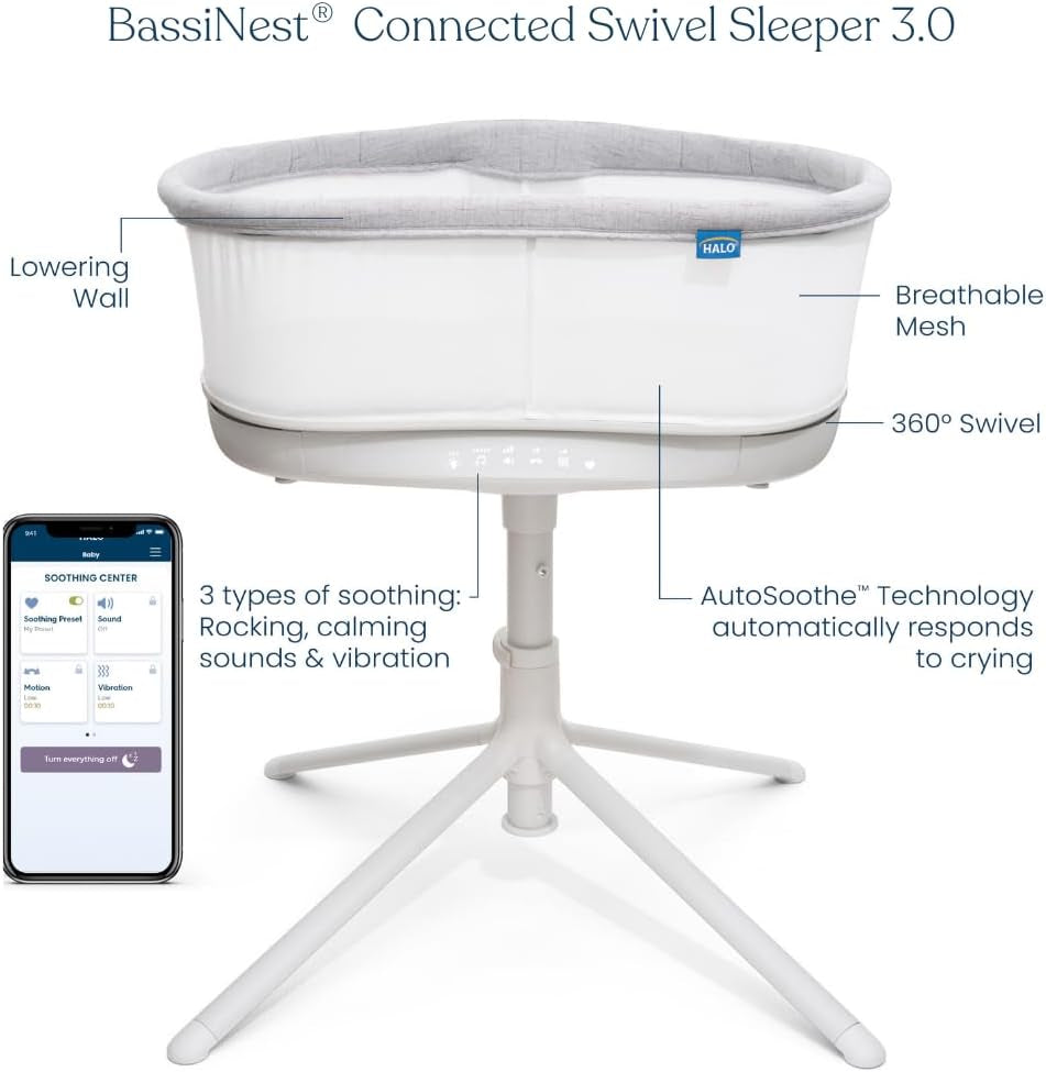 HALO Bassinest Connected Swivel Sleeper 3.0 – Smart Bassinet with Autosoothe™, 360° Swivel, Cry Detection, Rocking, Vibration & Soothing Sounds, Easy Lowering Wall for Postpartum Recovery