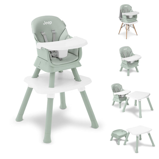 Jeep Milestone 6-In-1 High Chair by Delta Children - High Chair Converts to Stool, Booster Seat, Toddler Chair, Activity Table and Desk and Chair, Sage Green