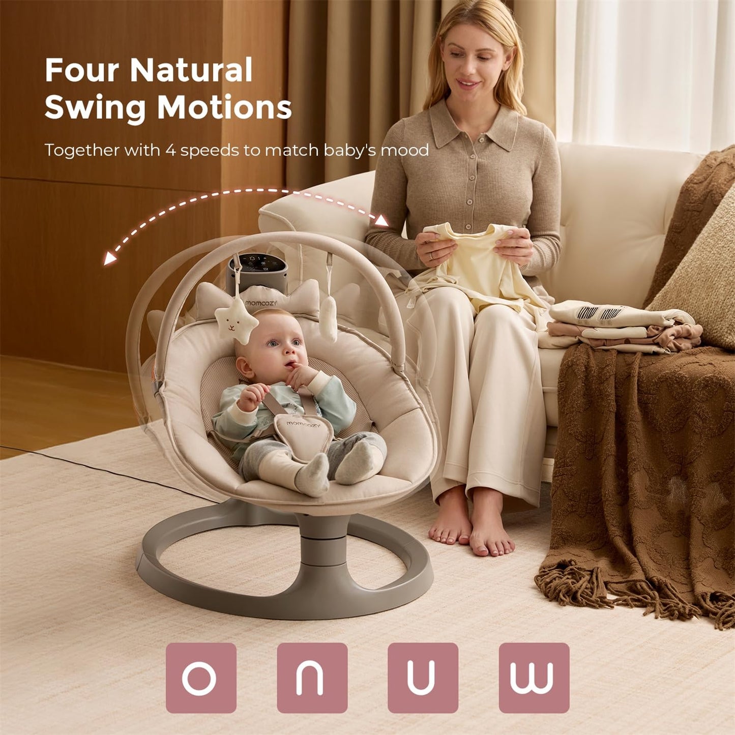 Momcozy 2-In-1 Electric Baby Swing, Dual-Arm Support System & Parent-Inspired Motions, Convertible to Toddler Seat up to 66 Lbs, Adjustable Height, Lightweight, Khaki