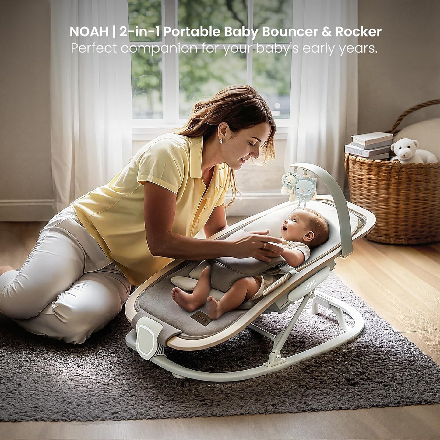 Qutanix 2-In-1 Baby Bouncer & Rocker,Portable Baby Bouncer Seat for Babies 0-9 Months, Baby Rocking Chair with 3 Reclining Positions,Wood Accents,Soft Newborn Insert - Beige