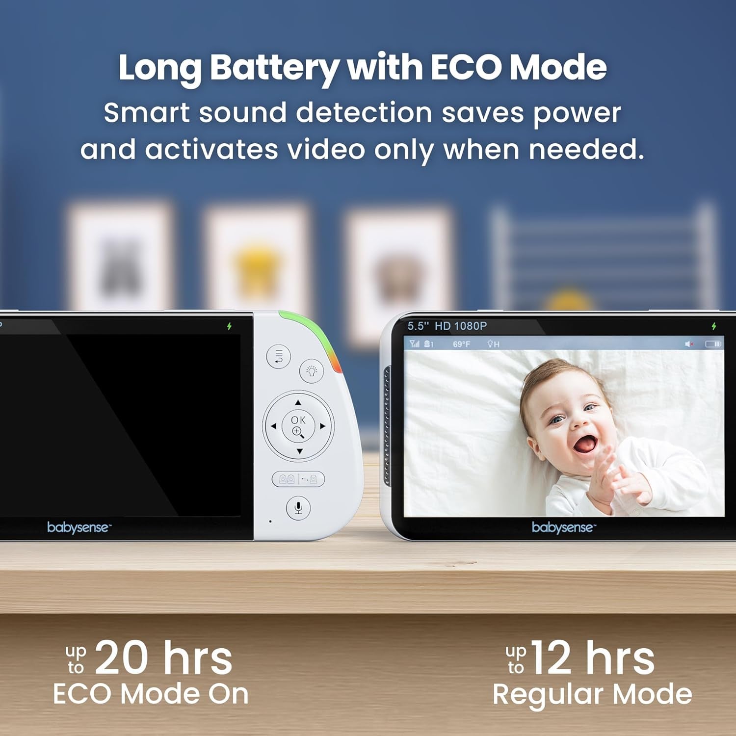 Babysense PRO Full HD 5.5" Split Screen Baby Monitor with 2 Cameras, 6-Color Night Light, White Noise, Sound & Light Machine, 20-Hour Battery, Hack-Proof Non-Wifi Secure Connection