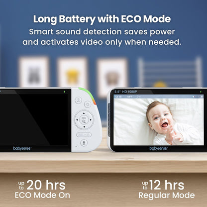 Babysense PRO Full HD 5.5" Split Screen Baby Monitor with 2 Cameras, 6-Color Night Light, White Noise, Sound & Light Machine, 20-Hour Battery, Hack-Proof Non-Wifi Secure Connection