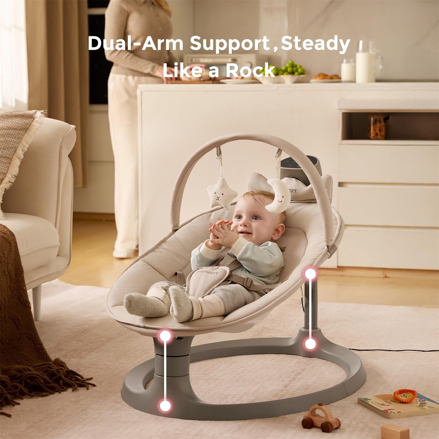 Momcozy 2-In-1 Electric Baby Swing, Dual-Arm Support System & Parent-Inspired Motions, Convertible to Toddler Seat up to 66 Lbs, Adjustable Height, Lightweight, Khaki