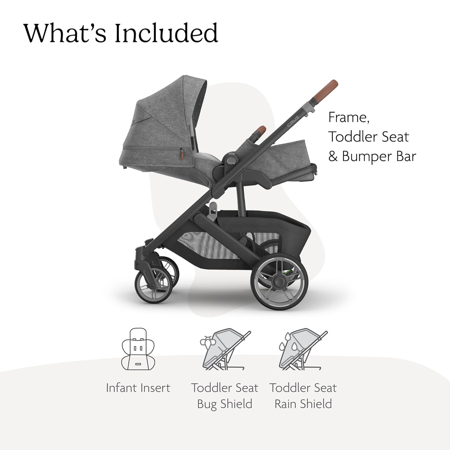 Uppababy Cruz V3 Stroller - from Birth + Car Seat Compatible - Full-Size, Reversible Seat - Infant Insert, Bug and Rain Shields Included - Greyson (Charcoal Mélange/Carbon Frame/Saddle Leather)