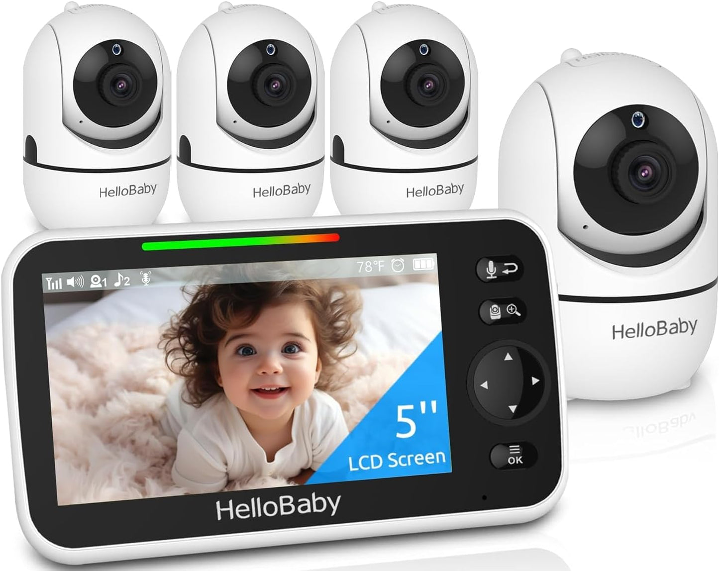Hellobaby 5" Screen Baby Monitor with 4 Cameras - No Wifi HB6550 Video Baby Monitor, Pan-Tilt-Zoom, 26 Hour Battery, ECO, Night Vision, Temperature Sensor & 2-Way Audio, 8 Lullabies, 1000Ft Long Range