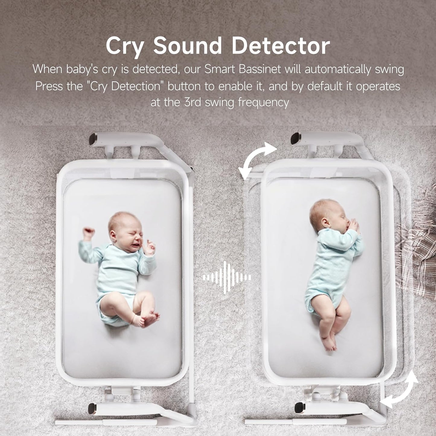 Maydolly Baby Bassinet, Smart Crib, Automatic Cry Detection and Response, Rocking Bassinet for Baby, 7 Height Adjustable with Mattress for Newborns (White) | Cry Detection