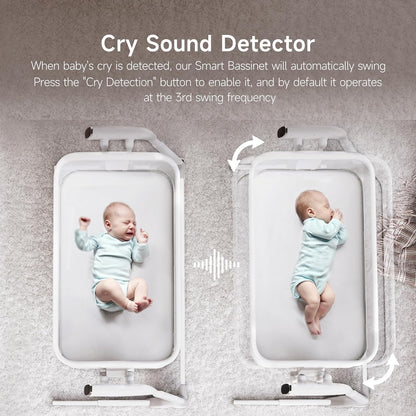 Maydolly Baby Bassinet, Smart Crib, Automatic Cry Detection and Response, Rocking Bassinet for Baby, 7 Height Adjustable with Mattress for Newborns (White) | Cry Detection