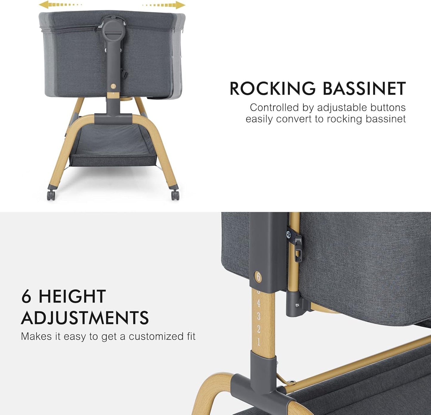 ANGELBLISS 3 in 1 Baby Bassinet, Rocking Bassinets Bedside Sleeper with Comfy Mattress and Wheels, 6 Height Adjustable Easy Folding Portable Bedside Crib for Newborn Infant (Dark Grey)