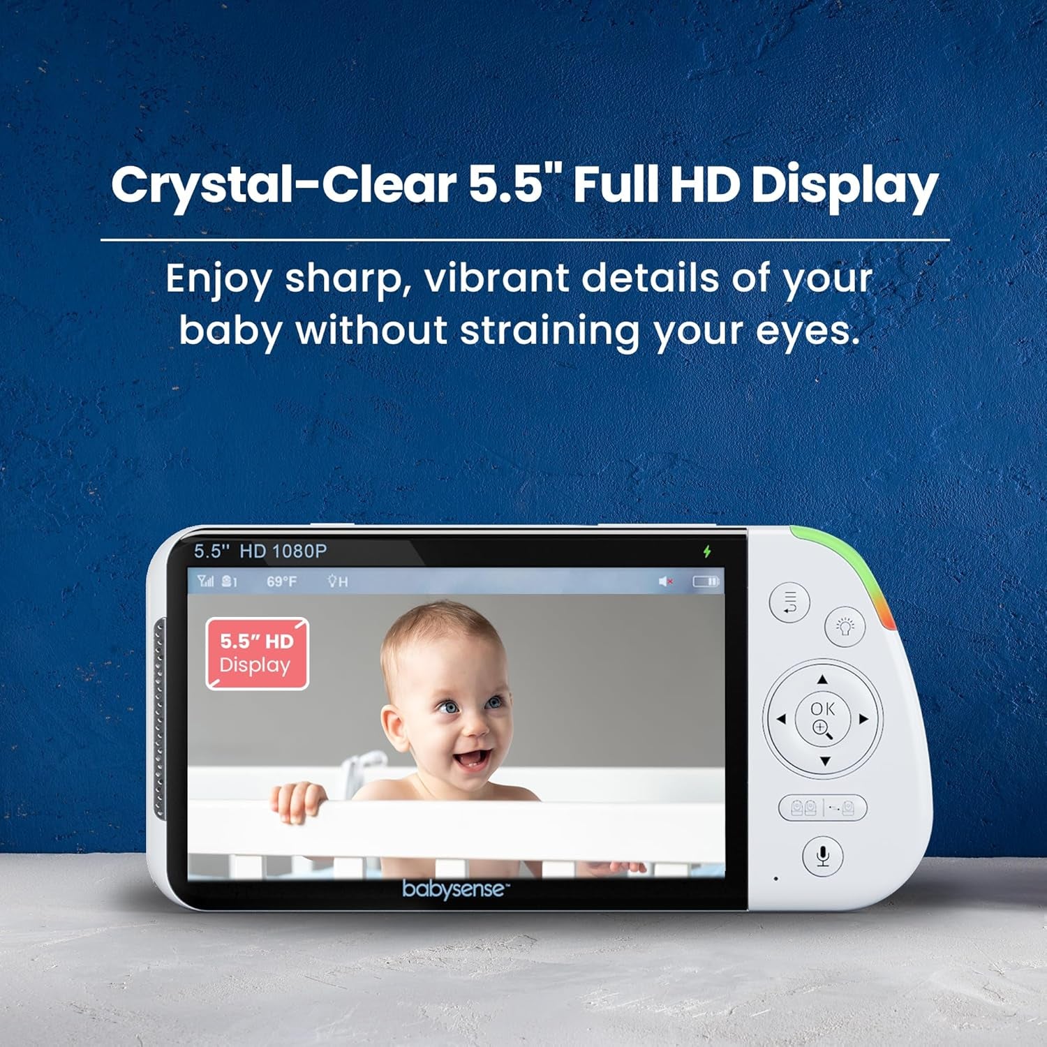 Babysense PRO Full HD 5.5" Split Screen Baby Monitor with 2 Cameras, 6-Color Night Light, White Noise, Sound & Light Machine, 20-Hour Battery, Hack-Proof Non-Wifi Secure Connection