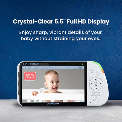 Babysense PRO Full HD 5.5" Split Screen Baby Monitor with 2 Cameras, 6-Color Night Light, White Noise, Sound & Light Machine, 20-Hour Battery, Hack-Proof Non-Wifi Secure Connection