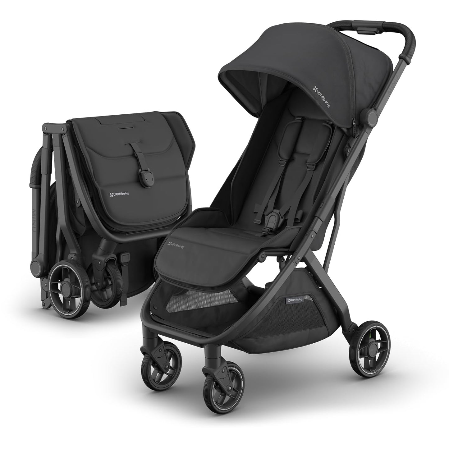 Uppababy Minu V3 Travel Stroller | Lightweight + Compact Design | One-Hand Fold + Unfold | from Birth + Overhead Compatible | Jake (Charcoal/Carbon Frame/Black Leather)
