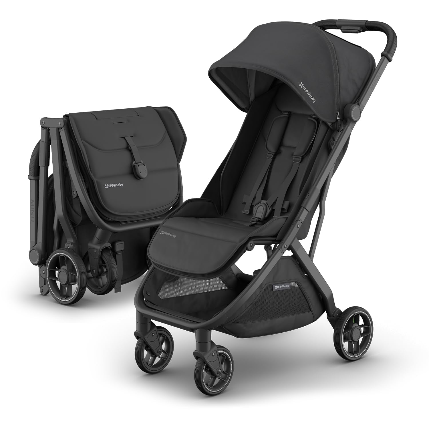 Uppababy Minu V3 Travel Stroller | Lightweight + Compact Design | One-Hand Fold + Unfold | from Birth + Overhead Compatible | Jake (Charcoal/Carbon Frame/Black Leather)