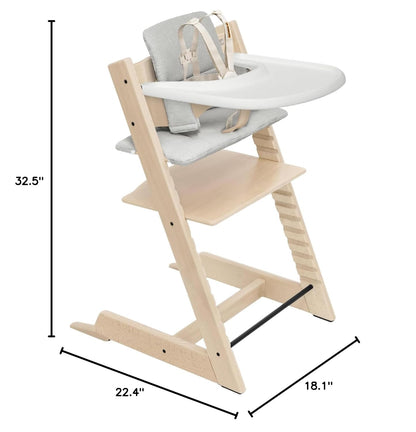 Stokke Tripp Trapp High Chair 2 (Natural), Cushion 2 (Nordic Grey) + Stokke Tray (White) - Includes Chair + Baby Set with Removable Harness for Children 6-36 Months