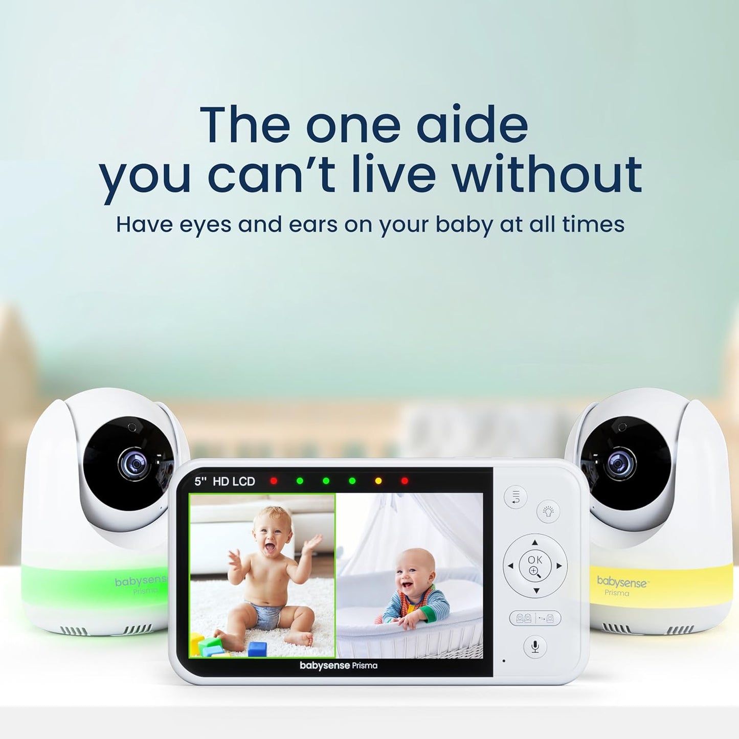 Babysense Prisma Baby Monitor with Camera and Audio, 5” HD Video Baby Monitor with 2 Cameras, 6-Color Night Light, Split Screen, Sound Machine with White Noise & Lullabies, Secure No Wifi
