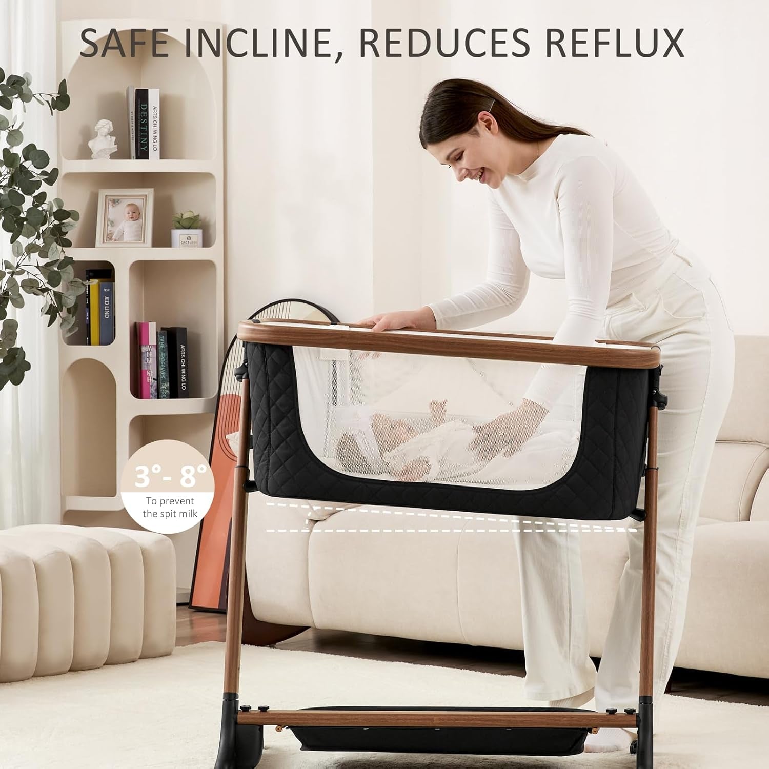 ANGELBLISS Electric Baby Bassinet Bedside Sleeper with Auto Rocking, Remote/Touch Control, 3 Timer Modes, 12 Sounds, 6 Heights, Storage & Wheels (Black) | Breathable Mesh
