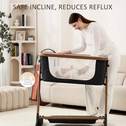 ANGELBLISS Electric Baby Bassinet Bedside Sleeper with Auto Rocking, Remote/Touch Control, 3 Timer Modes, 12 Sounds, 6 Heights, Storage & Wheels (Black) | Breathable Mesh