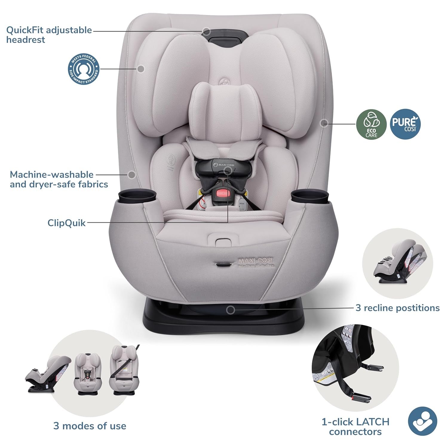 Maxi-Cosi Pria Max 3-In-1 Convertible Car Seat, Infant to Toddler Car Seat, Clipquick Magnetic Chest Clip, Quick-Install Latch, Machine-Washable Cover, 5-100 Lbs, Oyster Shell